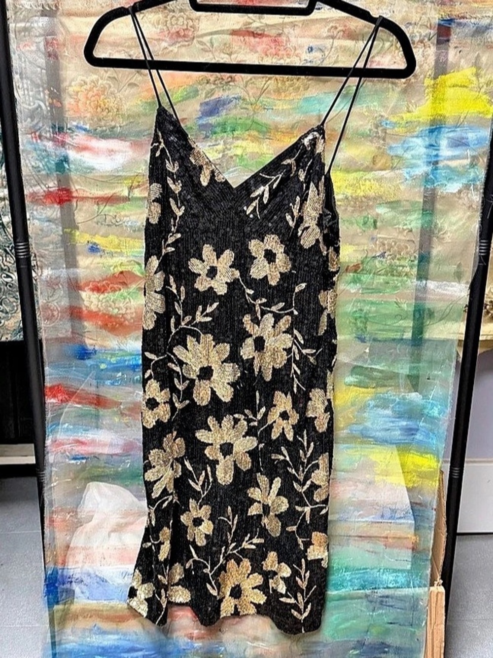 ASHISH Floral Dress in Black & Gold Heavy sequin Detail